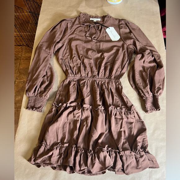 Vine & Love Dress Brown Ruffle sleeves and skirt with tie front - Picture 4 of 9
